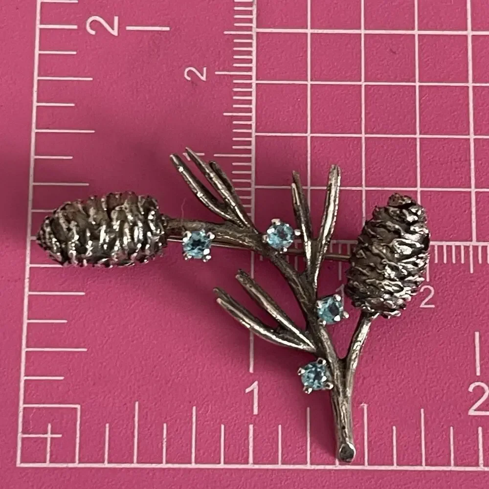 Vintage MFA Museum of Fine Arts Sterling Silver Pine Cone Bough Blue Pin Brooch